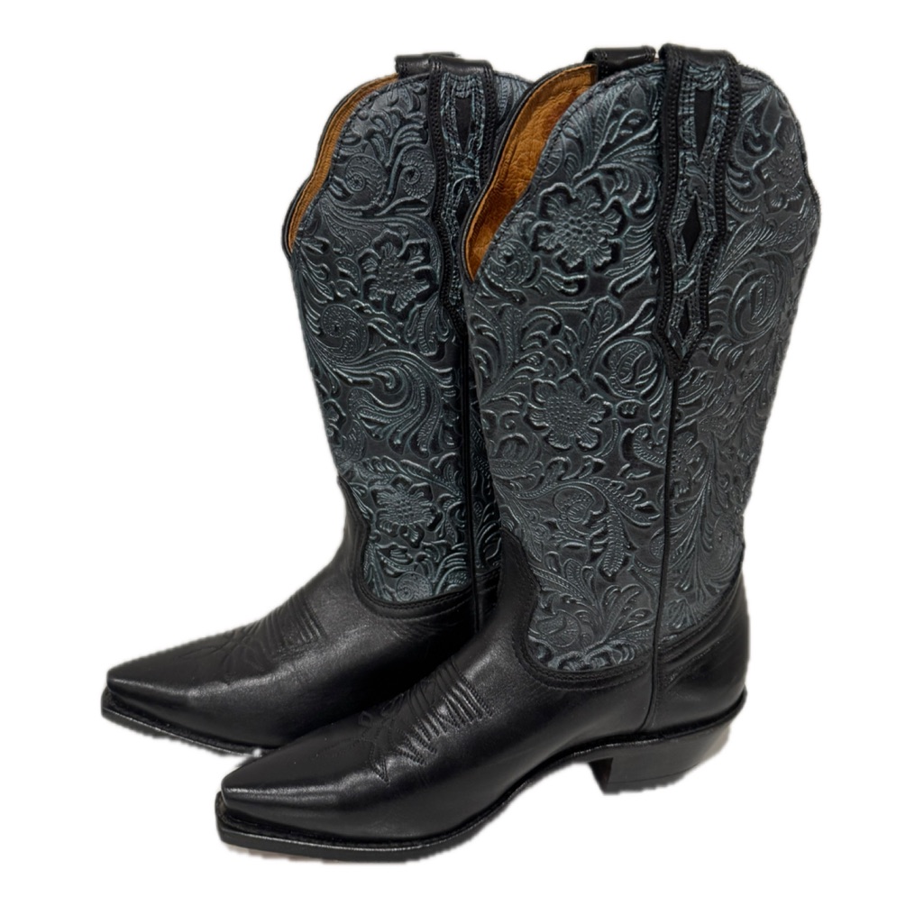 Black Cowboy Embroidered Leather Western Heeled Boots